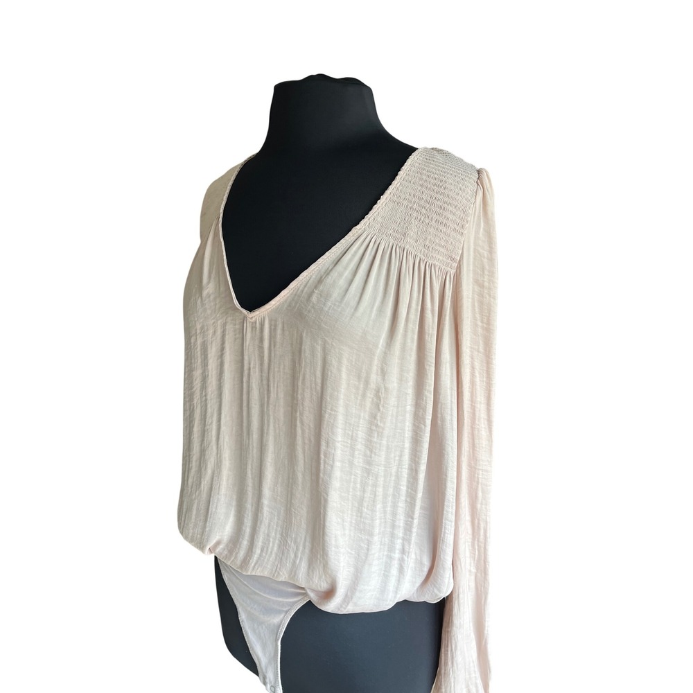Intimately Free People Smocked V-Neck Long Sleeve Bodysuit Blush Pink Small